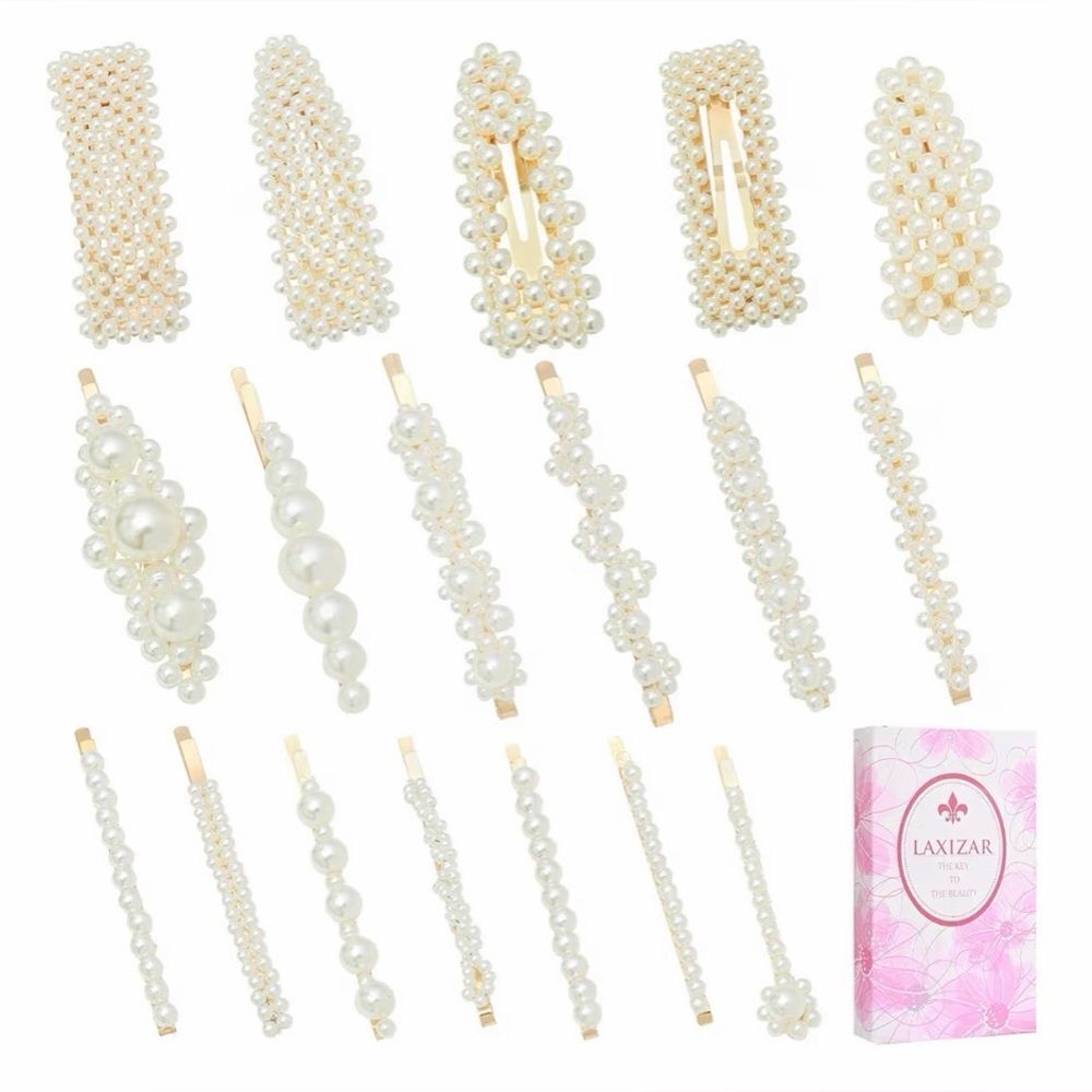 NIB LAXIZAR 18-Piece Pearl Hair Clip Set for Women and Girls – Gold & White
